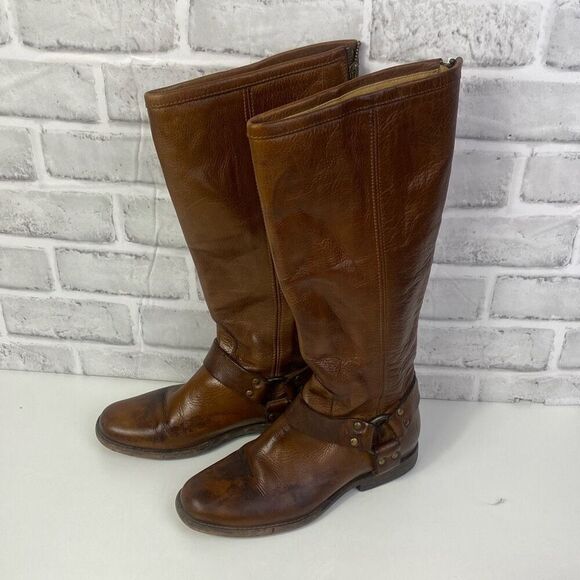 Frye Phillip Harness Tall Wide Calf Riding Boots Cognac Leather Zip Back 6M - Picture 2 of 13